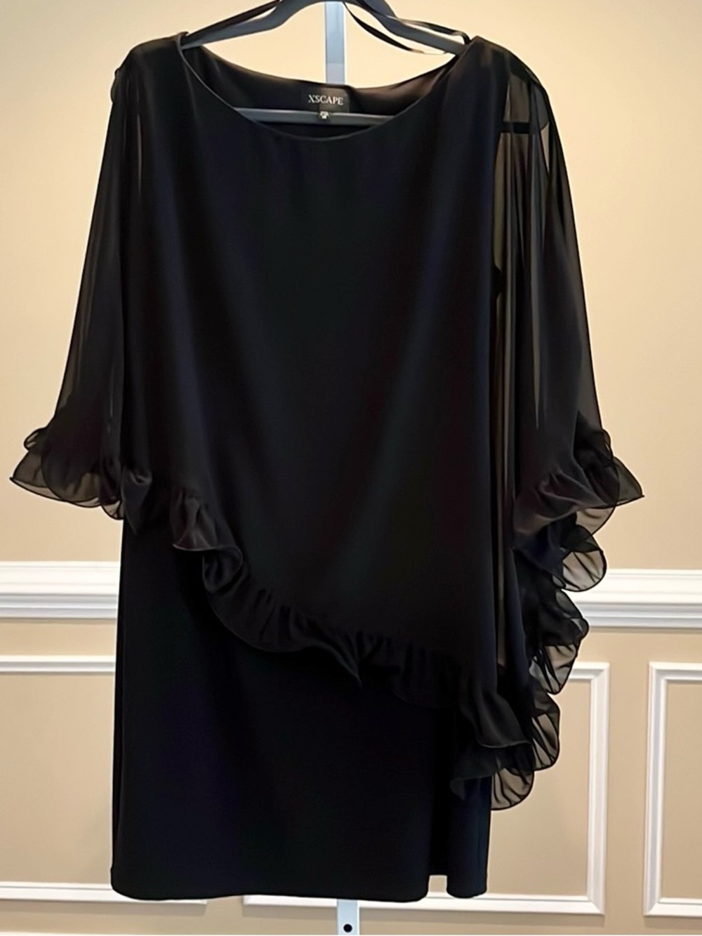 XSCAPE Black Asymmetrical Ruffle Edge Sheer Capelet Black Sheath Dress Size 14